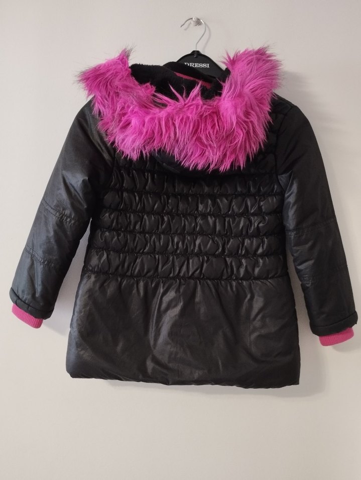 Kız Çocuk Siyah Mont, Pembe Kürk Kapüşonlu - Görsel 2