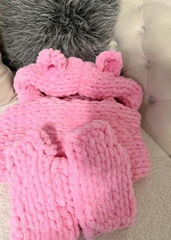 Pembe  Örgü Bere ve Atkı Seti - Görsel 2