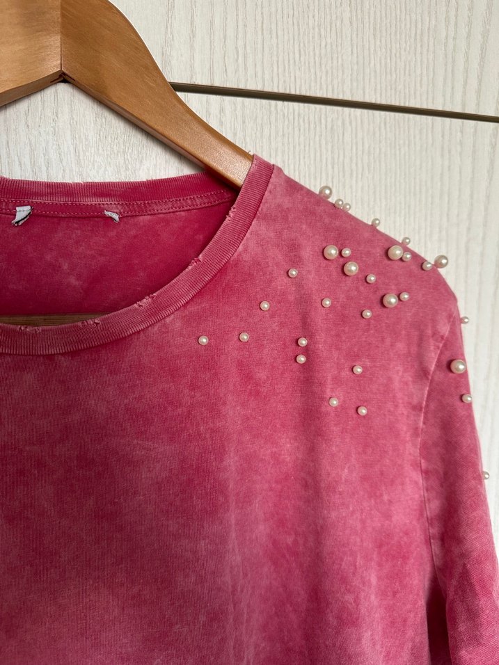 Pembe incili kısa kollu zara kadın tişört - Görsel 2