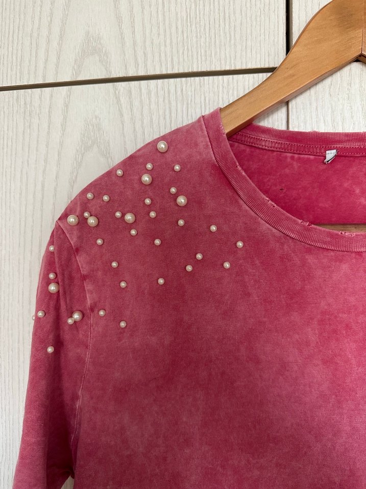 Pembe incili kısa kollu zara kadın tişört - Görsel 3