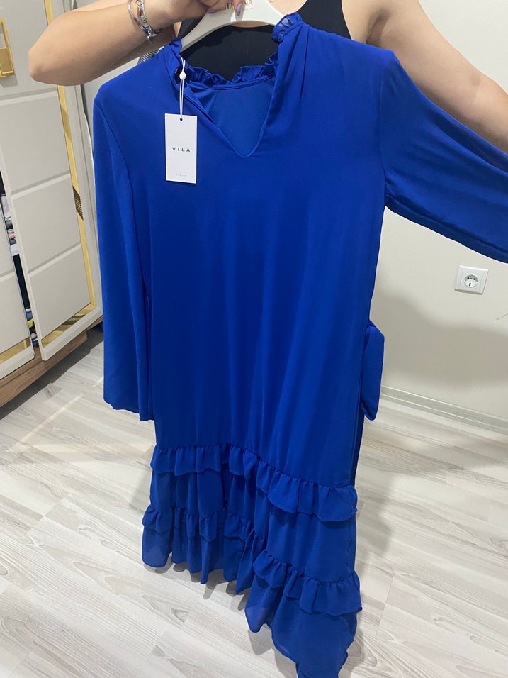 Mavi Uzun Kollu Robalı Bohem Elbise - Görsel 2