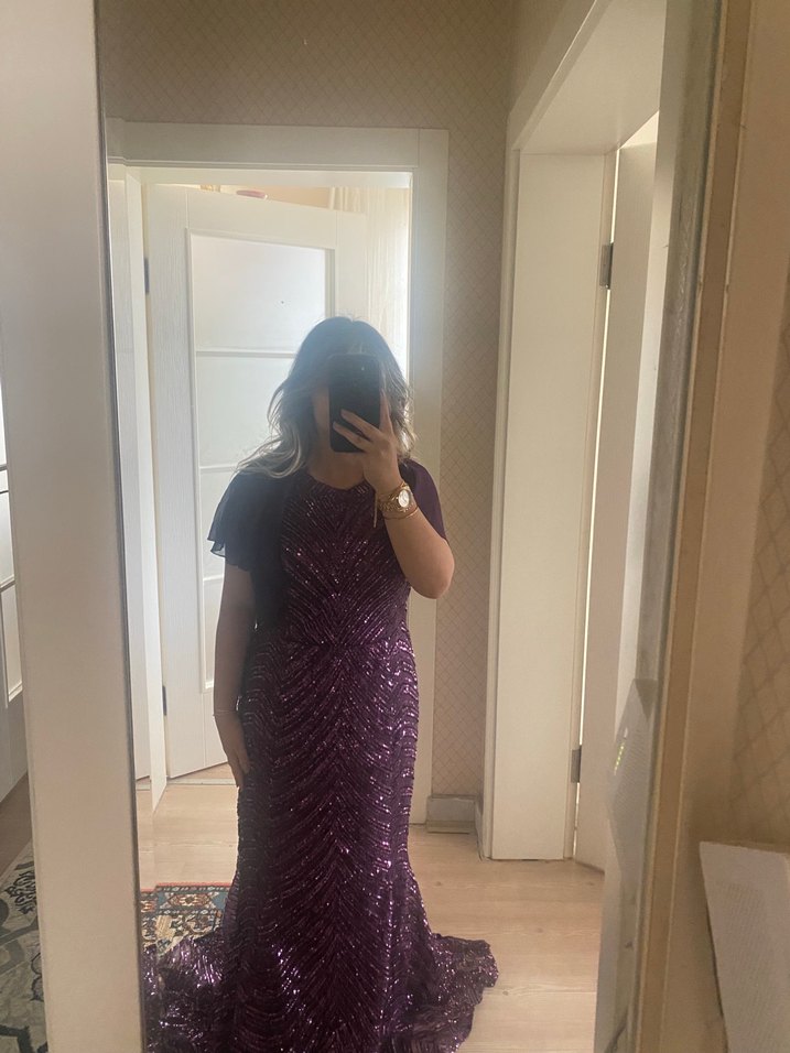 Parlak Mor Drapeli Abiye Elbise - Görsel 4