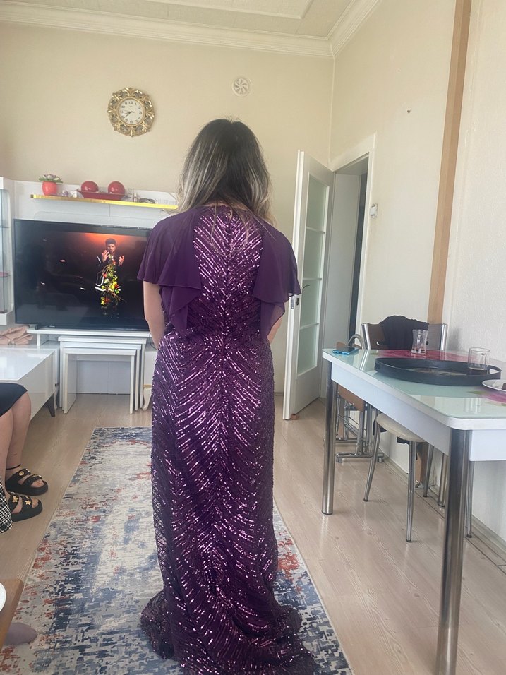 Parlak Mor Drapeli Abiye Elbise - Görsel 3