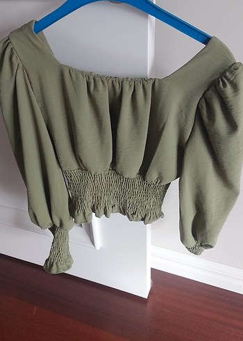 Kadın Haki Keten Fırfırlı Mini Bluz - Görsel 4