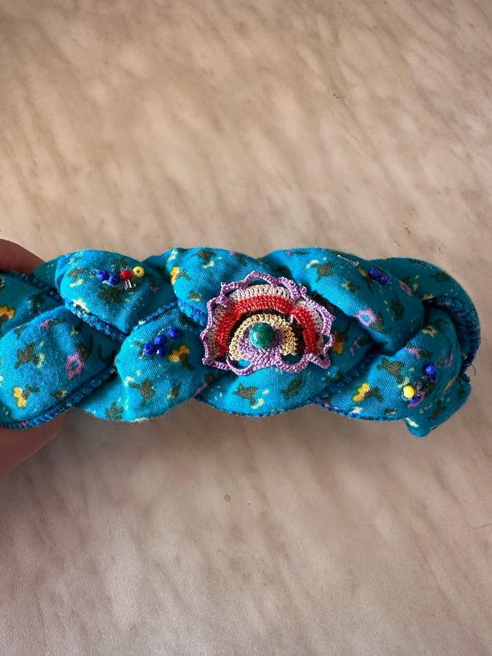Boncuk İşlemeli Turkuaz Örgü Saç Bandı - Görsel 2