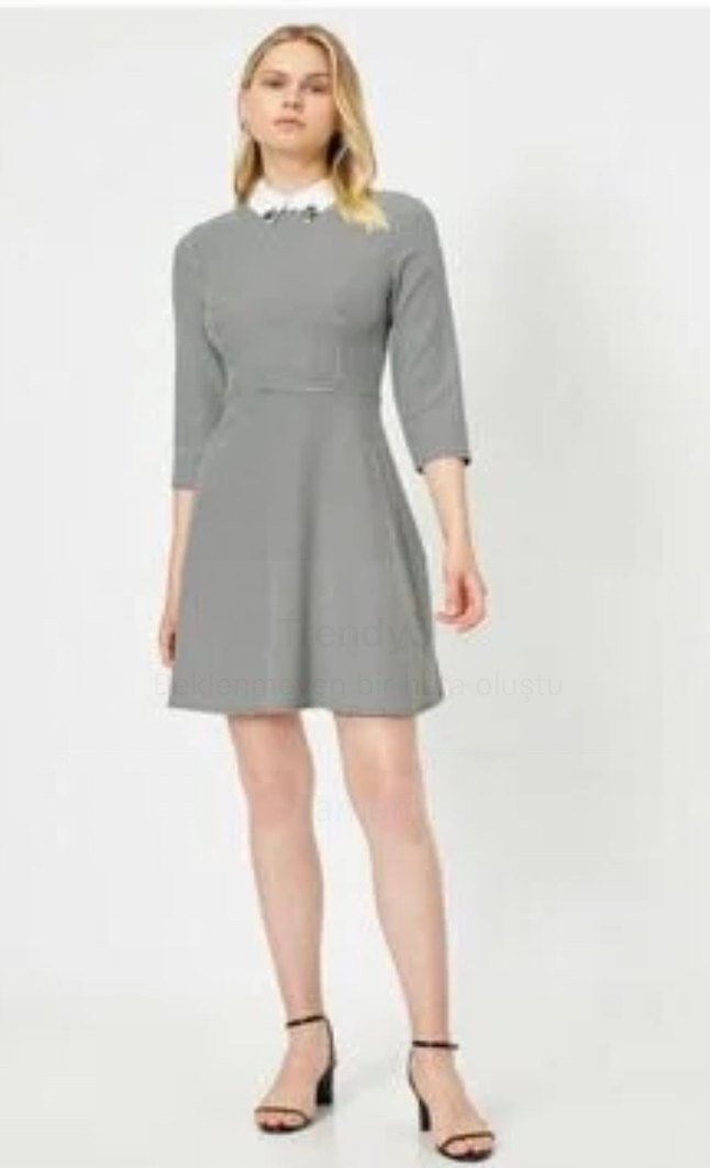 Gri Kareli Midi Ofis Elbisesi - Görsel 3