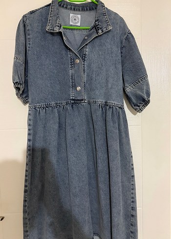 Düğmeli Kısa Kollu Midi Kot Elbise - Görsel 2