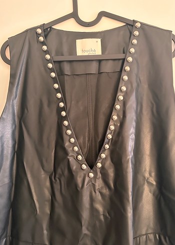 Drapeli Siyah Deri Uzun Elbise - Görsel 2