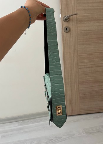 Beden turkuaz Renk Turkuaz Deri Kemerli Yılan Desenli Kadın Çanta