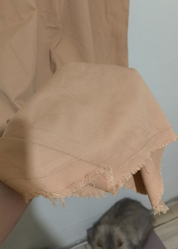 Bej Keten V Yakalı Rahat Kesim Uzun Elbise - Görsel 4