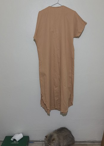 Bej Keten V Yakalı Rahat Kesim Uzun Elbise - Görsel 5