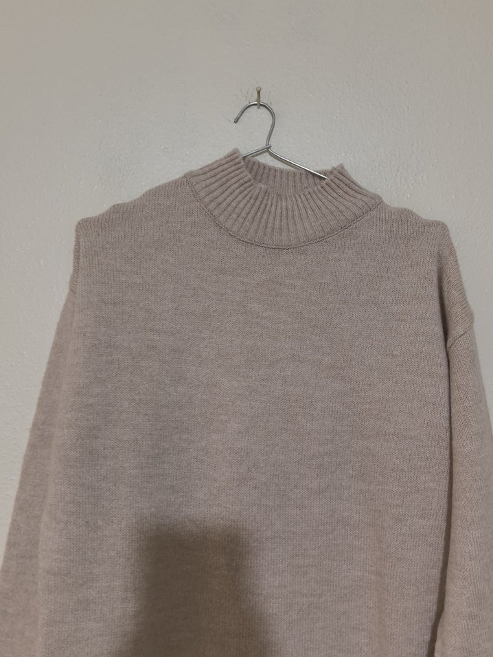 Uzun Bej Yüksek Yakalı Triko Kazak - Görsel 2