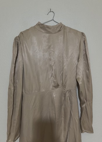 Bej Drapeli Uzun ipek Elbise - Görsel 2