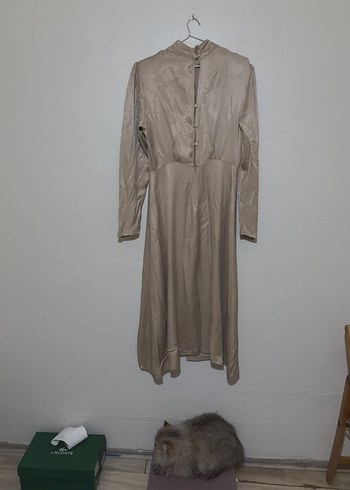 Bej Drapeli Uzun ipek Elbise - Görsel 6