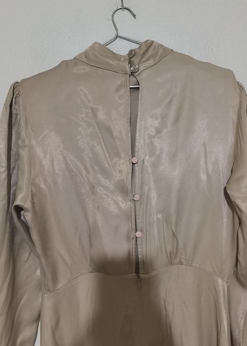 Bej Drapeli Uzun ipek Elbise - Görsel 7