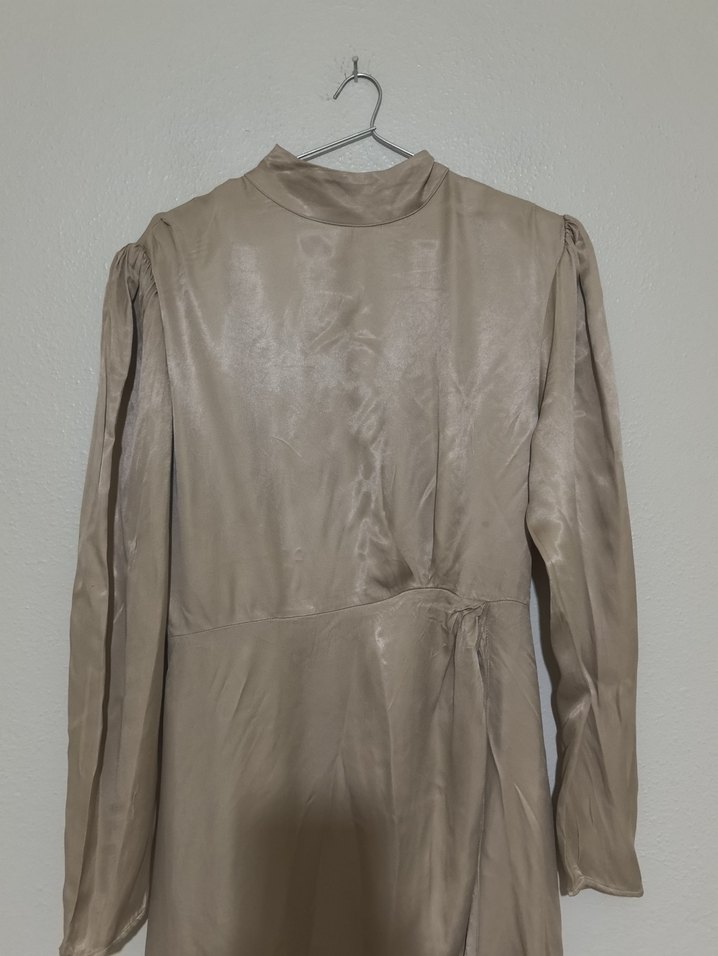 Bej Drapeli Uzun ipek Elbise - Görsel 2