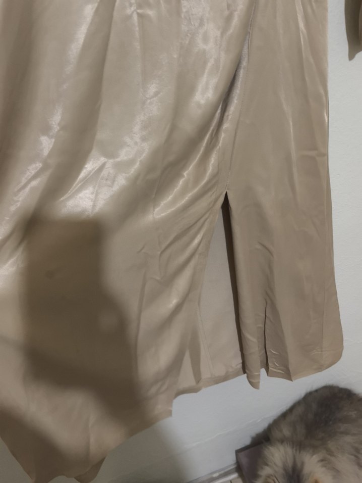 Bej Drapeli Uzun ipek Elbise - Görsel 3