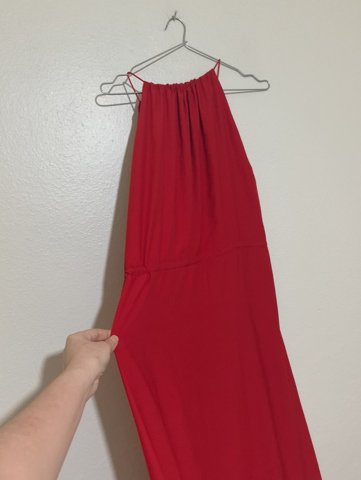 Uzun Kırmızı Askılı Salaş Elbise - Görsel 5