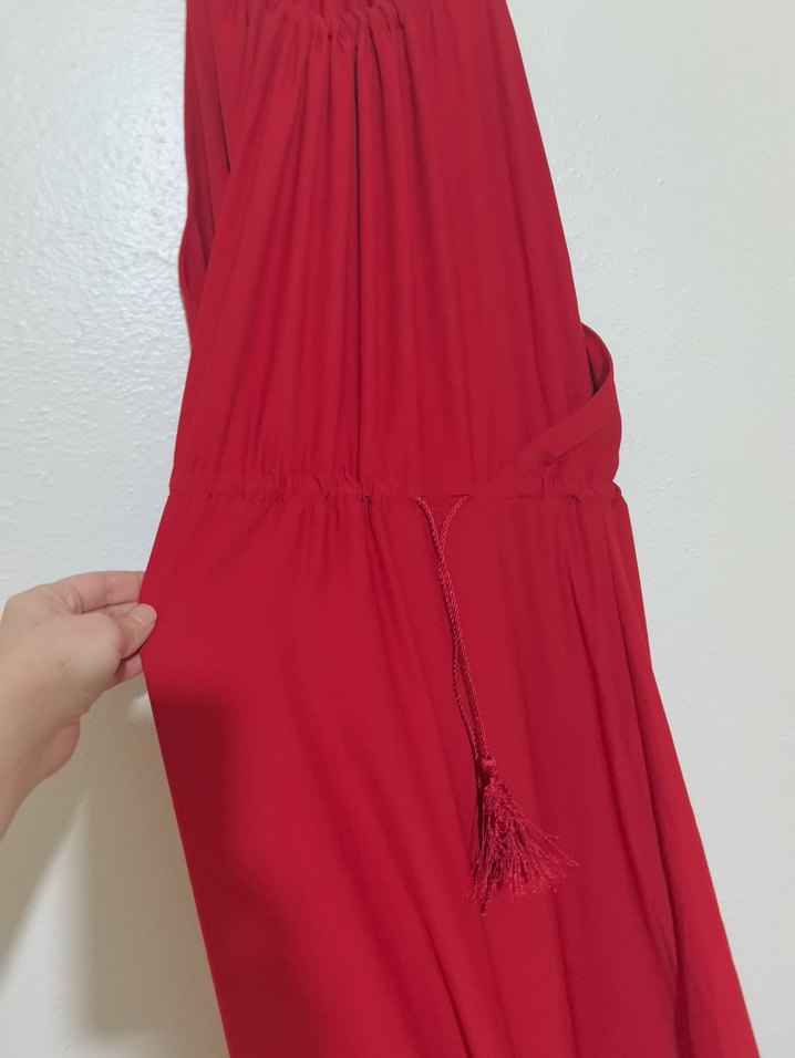 Uzun Kırmızı Askılı Salaş Elbise - Görsel 4