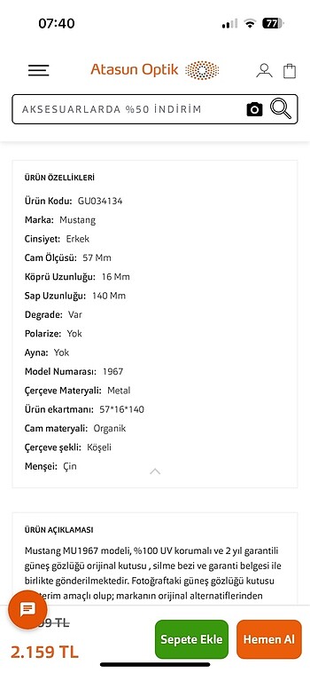Beden siyah Renk Mustang erkek güneş gözlüğü