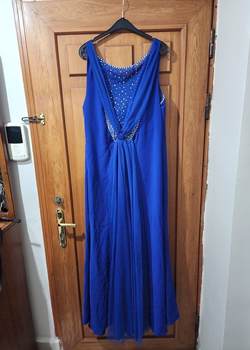 Mavi Uzun Abiye Elbise V Yakalı - Görsel 2