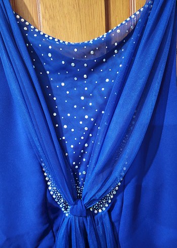 Mavi Uzun Abiye Elbise V Yakalı - Görsel 4