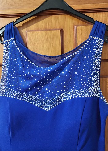 Mavi Uzun Abiye Elbise V Yakalı - Görsel 3