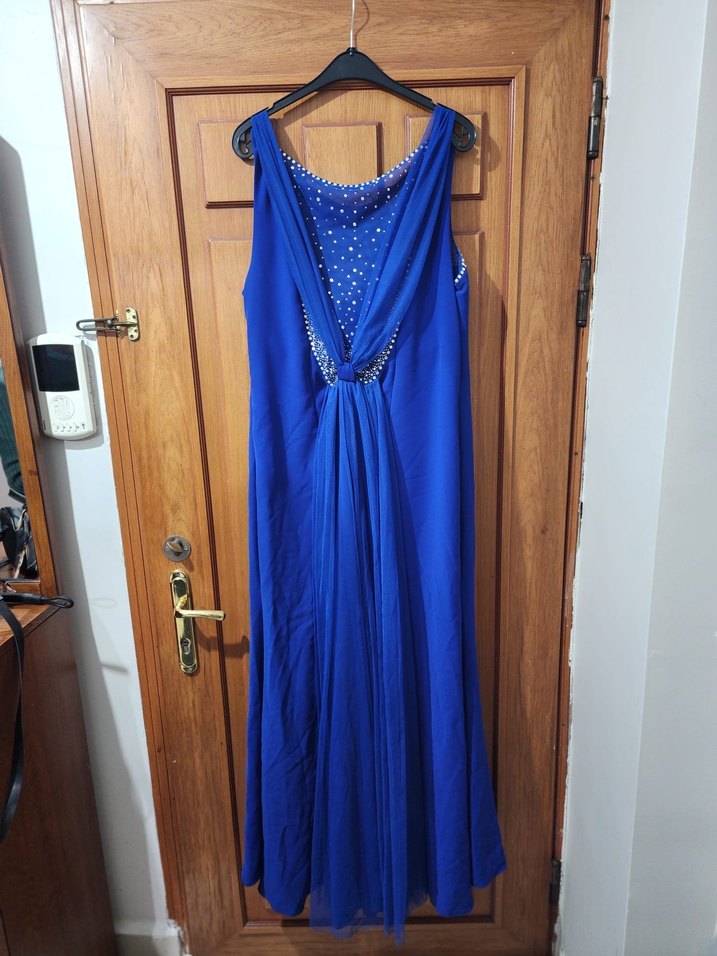 Mavi Uzun Abiye Elbise V Yakalı - Görsel 2