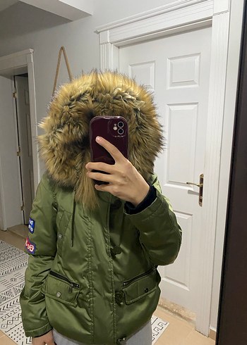 Kadın Haki Kamuflaj Kürklü Kışlık Mont - Görsel 8