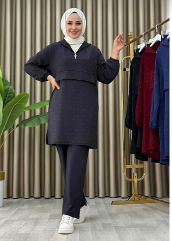 füme renk taşlı kapşonlu ikili takım - Görsel 2