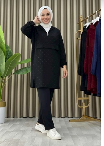 siyah renk taşlı kapşonlu ikili takım - Görsel 3