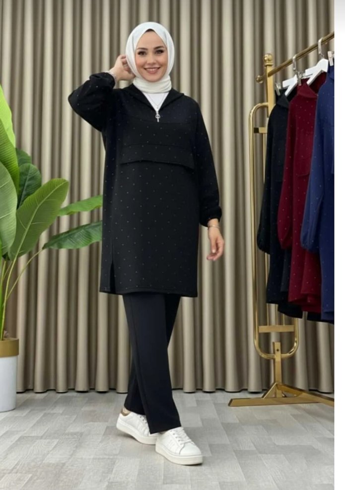 siyah renk taşlı kapşonlu ikili takım - Görsel 3