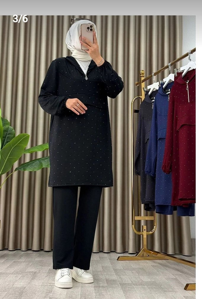 siyah renk taşlı kapşonlu ikili takım - Görsel 2