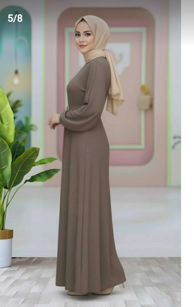 Haki renk kadın kemerli uzun elbise - Görsel 2