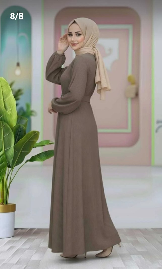 Haki renk kadın kemerli uzun elbise - Görsel 5