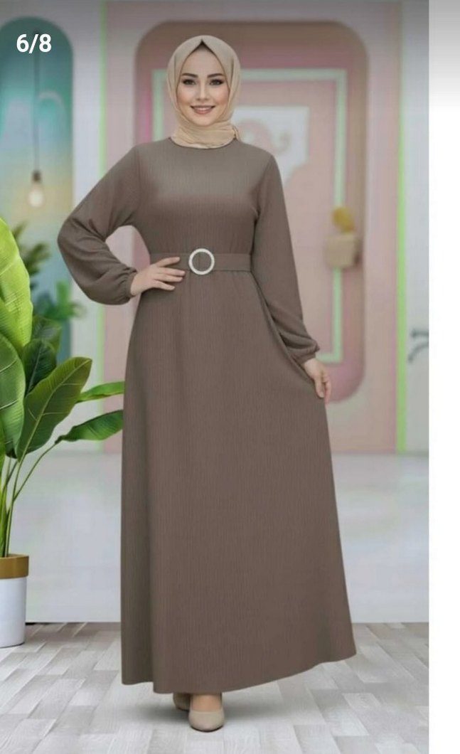 Haki renk kadın kemerli uzun elbise - Görsel 4