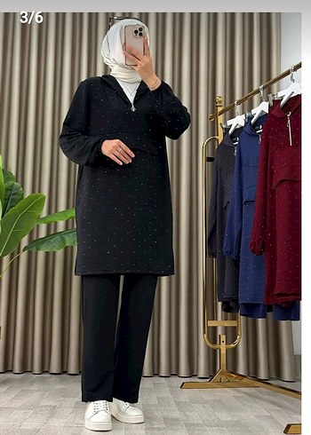 siyah renk taşlı kapşonlu ikili takım - Görsel 3