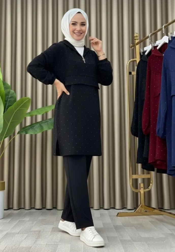 siyah renk taşlı kapşonlu ikili takım - Görsel 4