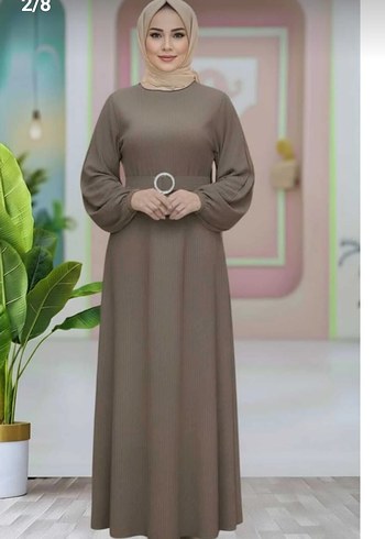 Haki renk kadın kemerli uzun elbise - Görsel 2
