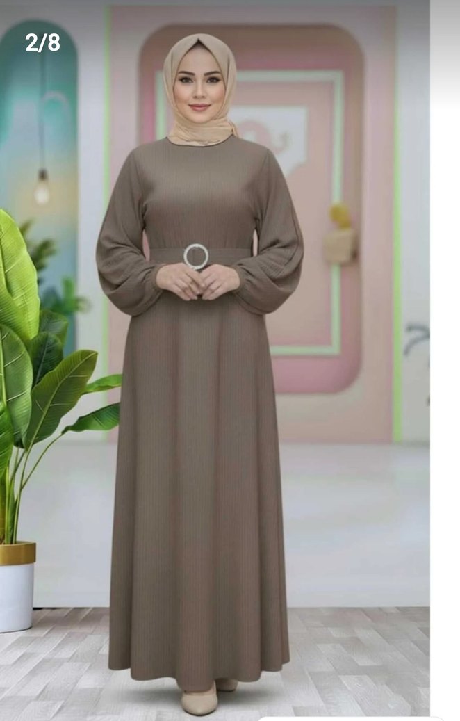 Haki renk kadın kemerli uzun elbise - Görsel 2