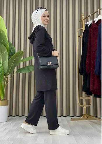 füme renk taşlı kapşonlu ikili takım - Görsel 3