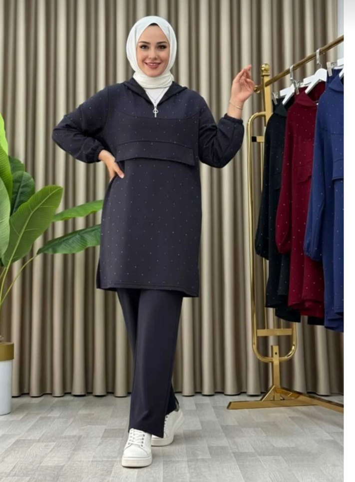 füme renk taşlı kapşonlu ikili takım - Görsel 5