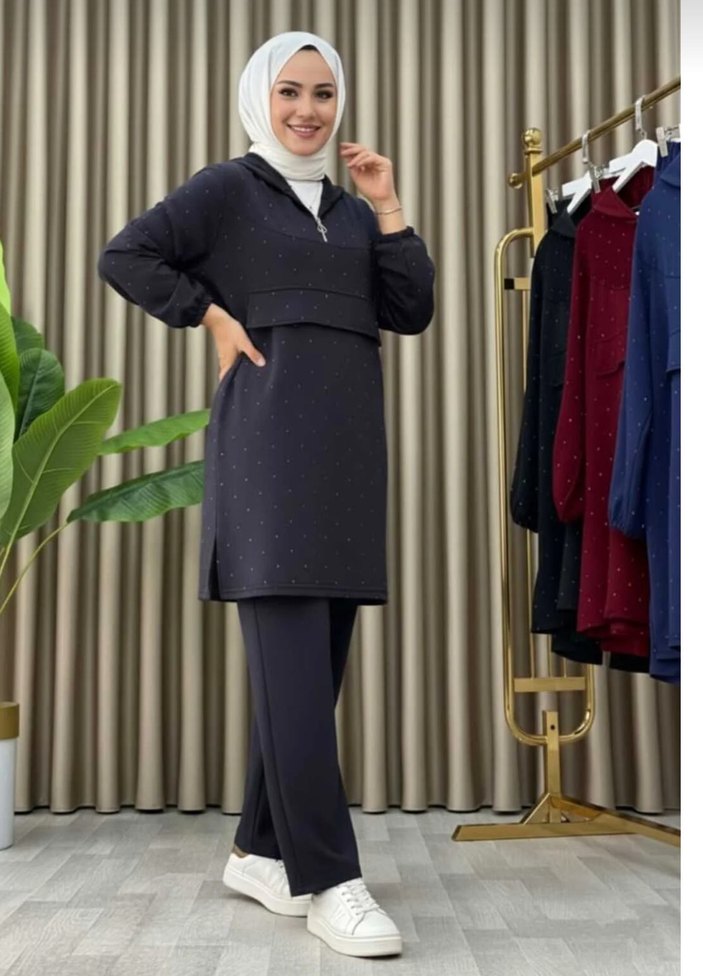 füme renk taşlı kapşonlu ikili takım - Görsel 2