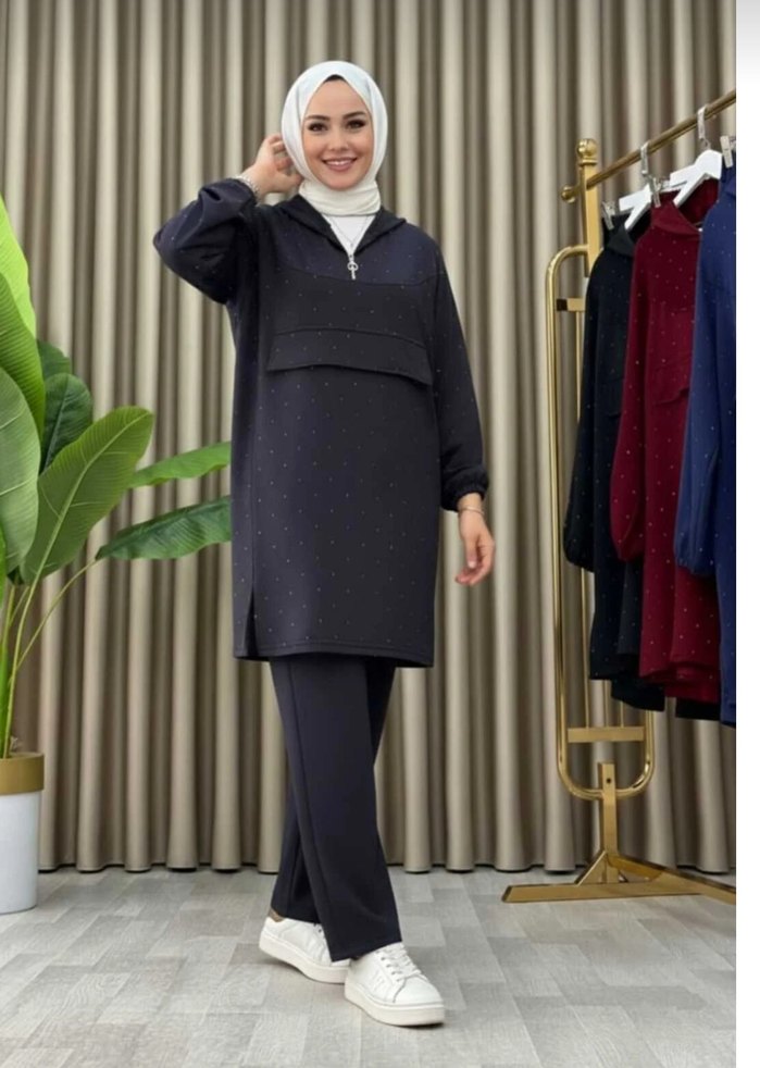 füme renk taşlı kapşonlu ikili takım - Görsel 4