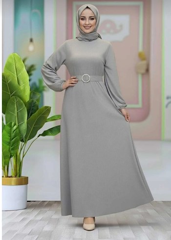 vizon gri renk kadın kemerli uzun elbise - Görsel 2
