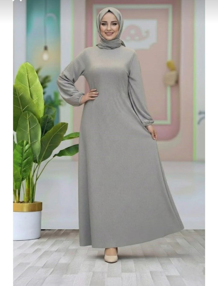 vizon gri renk kadın kemerli uzun elbise - Görsel 5