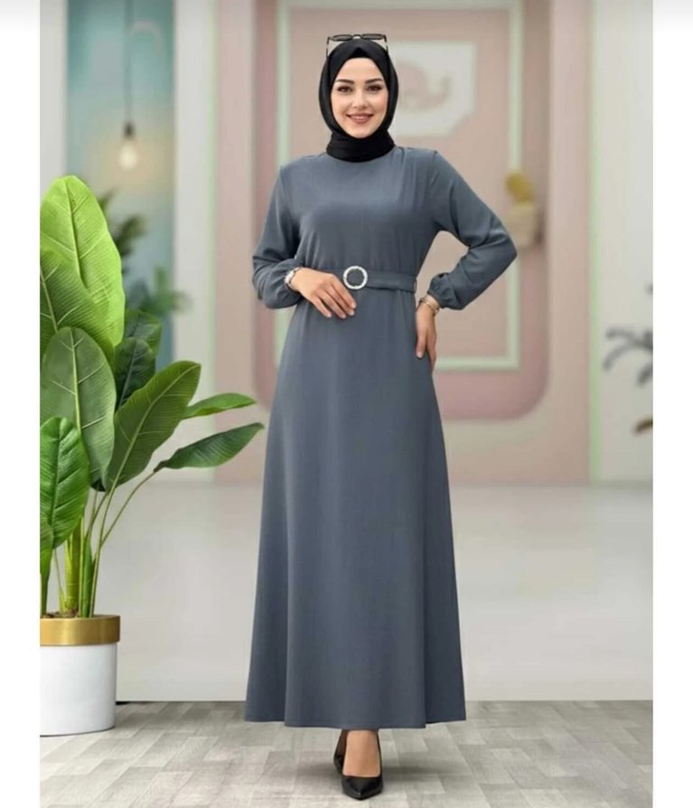 Gri renk kadın kemerli uzun elbise - Görsel 2