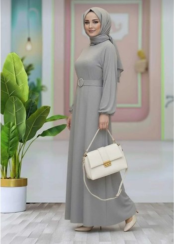 vizon gri renk kadın kemerli uzun elbise - Görsel 4