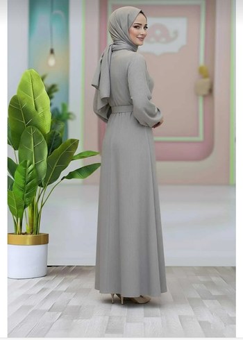 vizon gri renk kadın kemerli uzun elbise - Görsel 6