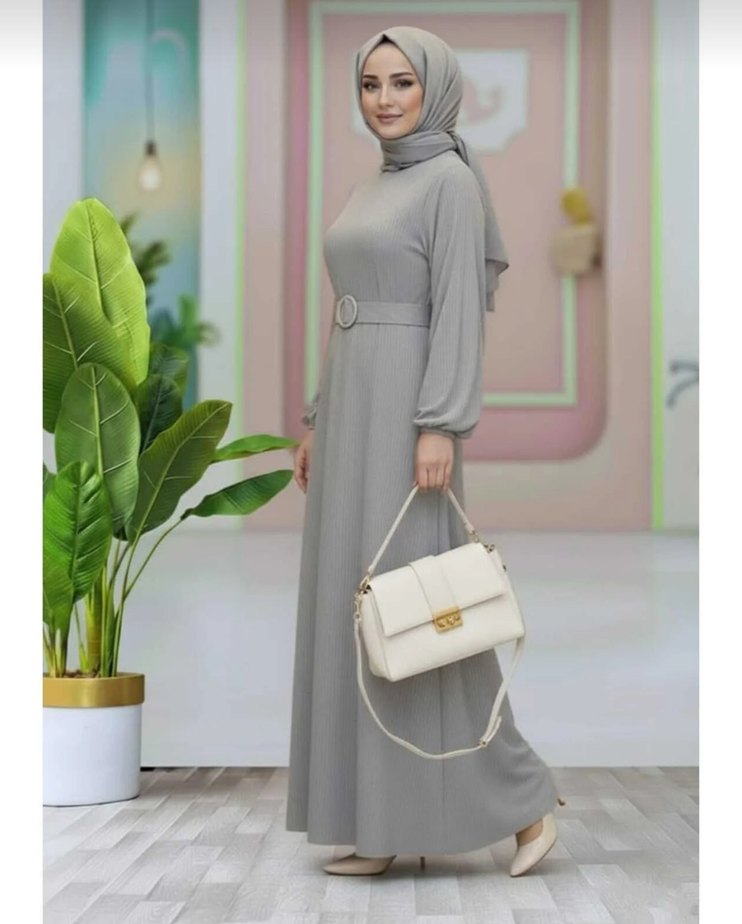 vizon gri renk kadın kemerli uzun elbise - Görsel 5